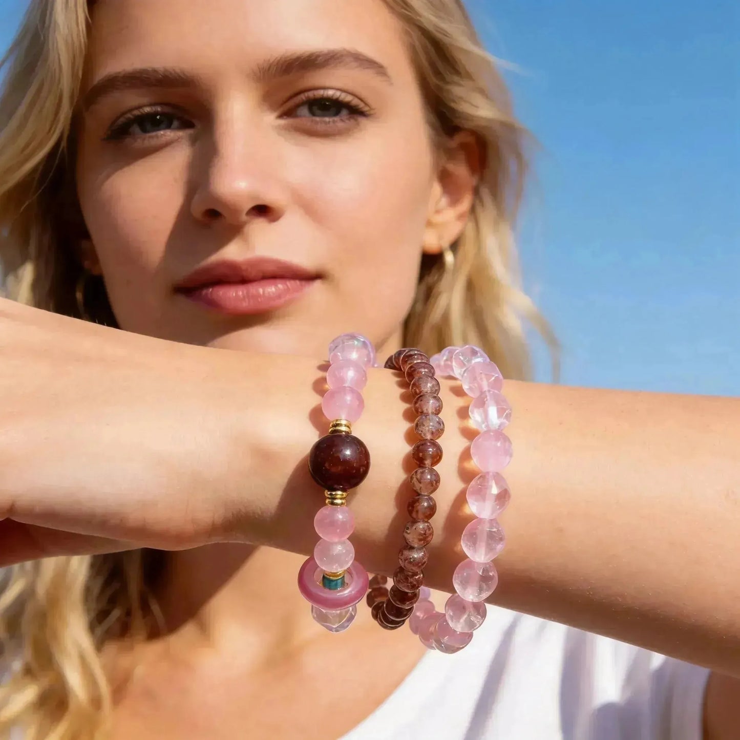 CHIGROVE Natural Rose Quartz & Strawberry Quartz Double Laye Bracelet | Healing Crystal Jewelry for Love & Daily Wear - ChiGrove