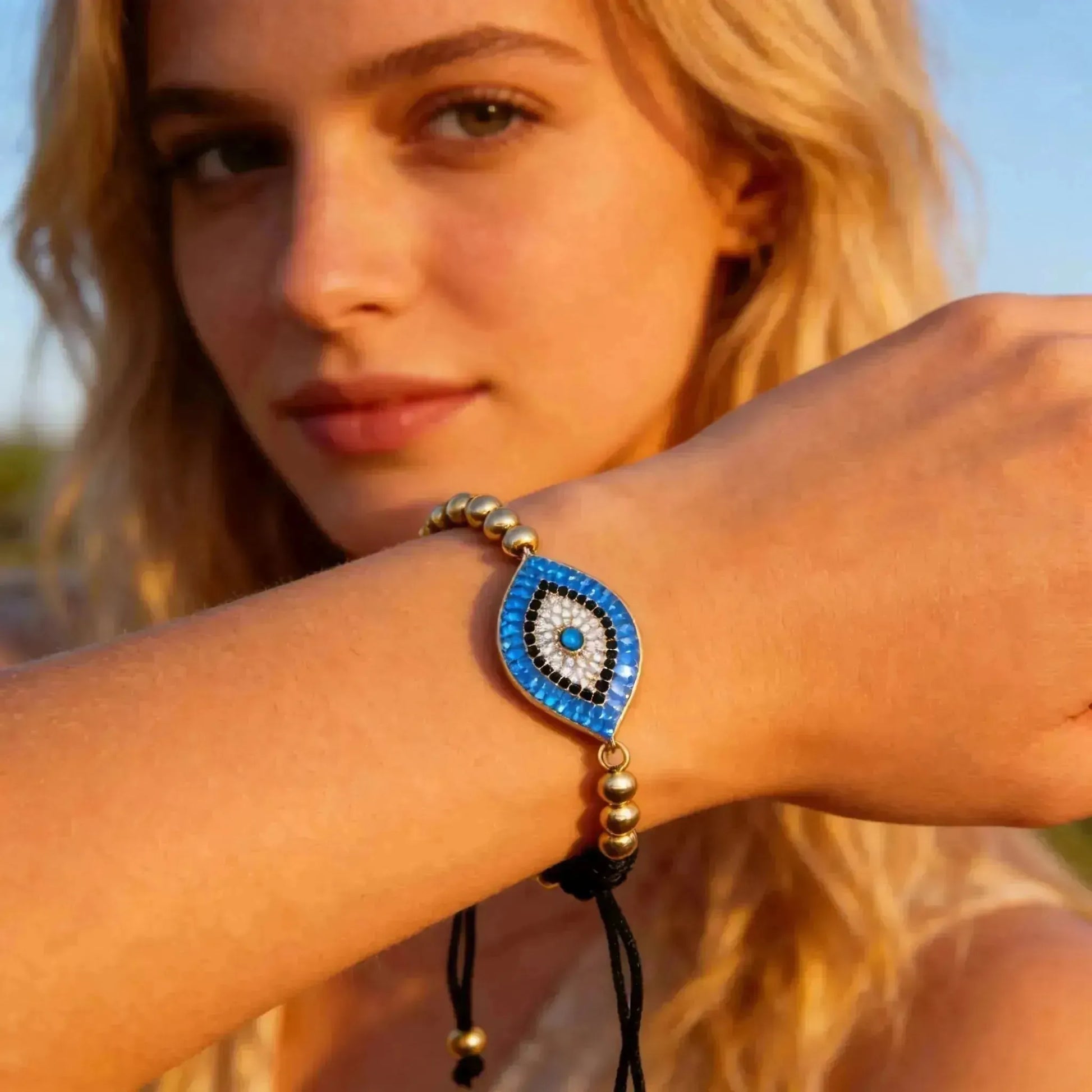 CHIGROVE Blue Evil Eye Gold Beaded Bracelet | Adjustable Lucky Protection Jewelry for Women Daily Wear - ChiGrove