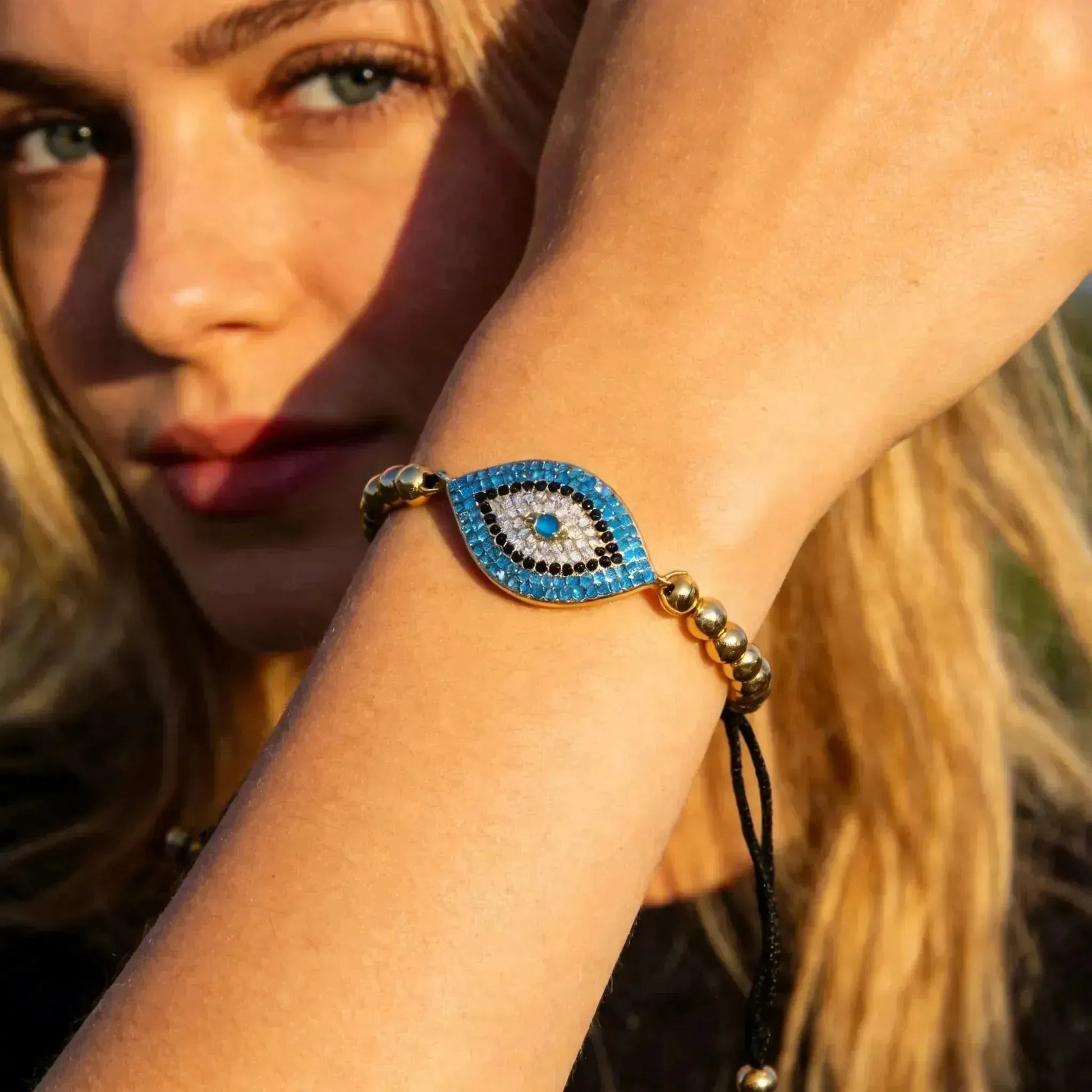 CHIGROVE Blue Evil Eye Gold Beaded Bracelet | Adjustable Lucky Protection Jewelry for Women Daily Wear - ChiGrove