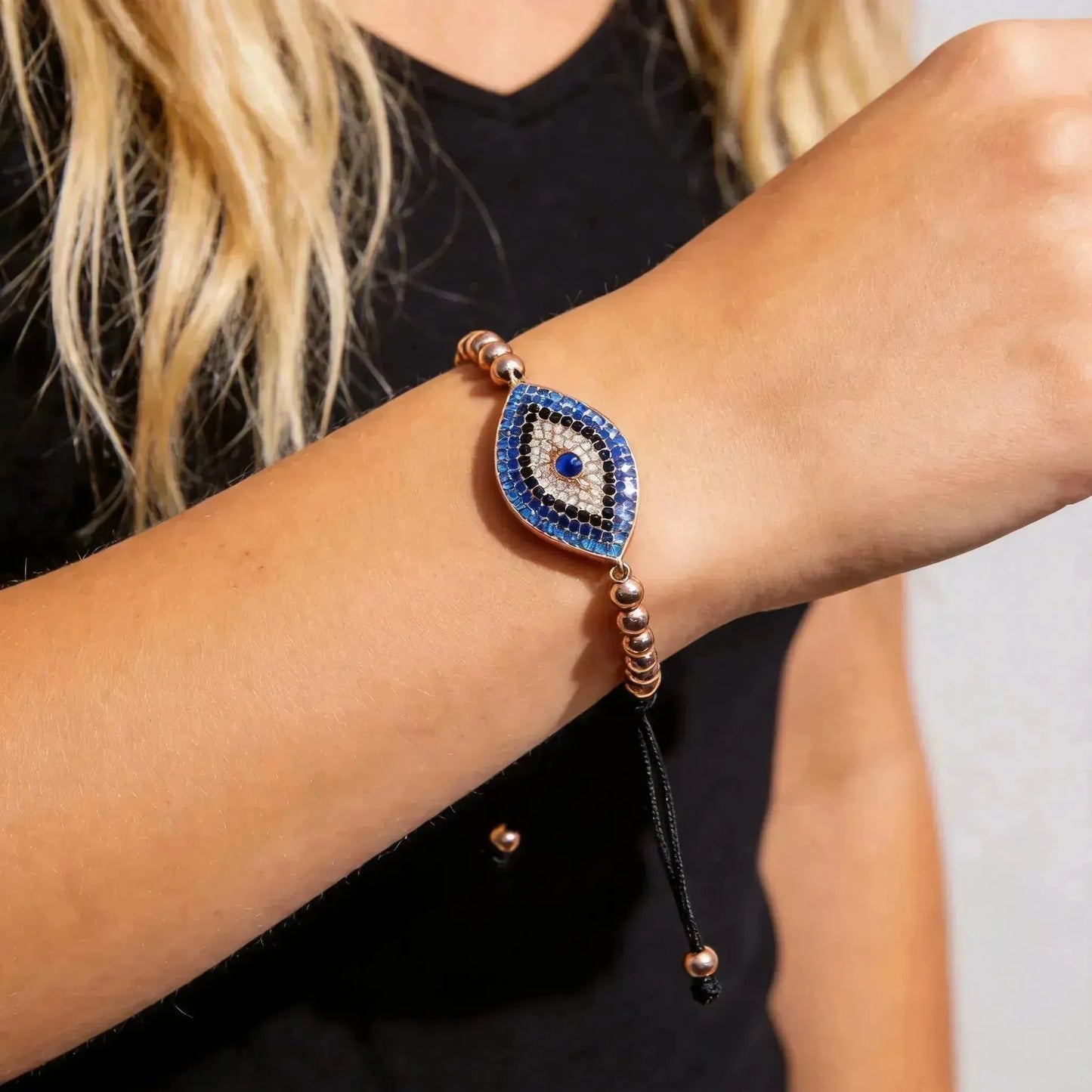 CHIGROVE Rose Gold Beaded Evil Eye Bracelet | Adjustable Protection Jewelry for Women Spiritual Gifts - ChiGrove