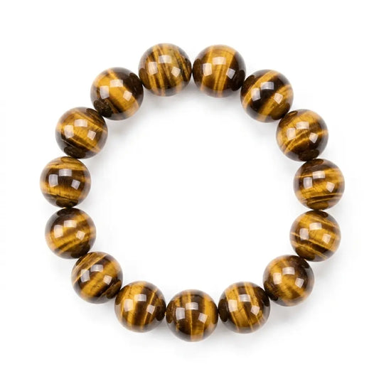 Natural tiger's eye beaded bracelet with large 14mm round stones displaying rich golden-amber and dark brown chatoyant bands