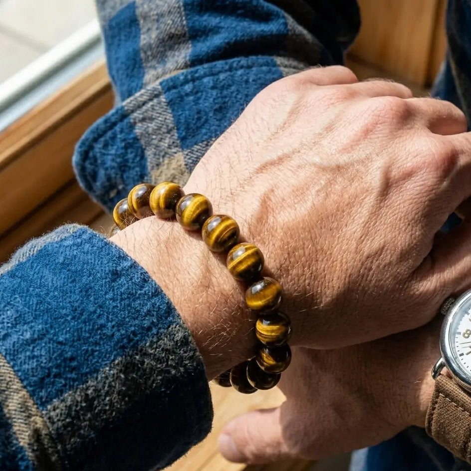 Natural tiger's eye beaded bracelet with large 14mm round stones displaying rich golden-amber and dark brown chatoyant bands