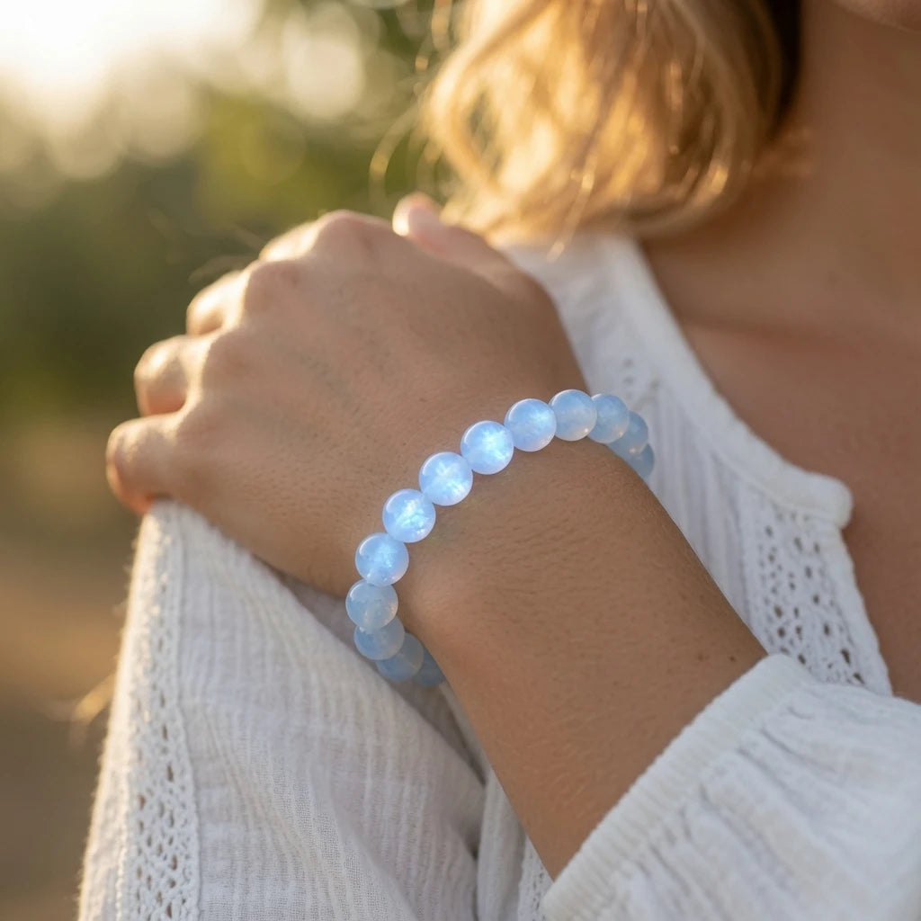 Moonstone bracelet placed on windowsill under full moonlight for energetic recharging ritual, crystal cleansing practice for new beginnings stone