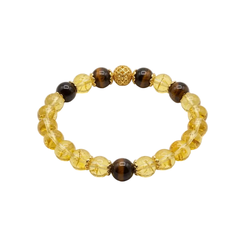 Man wearing a natural citrine and tiger's eye beaded bracelet on her wrist