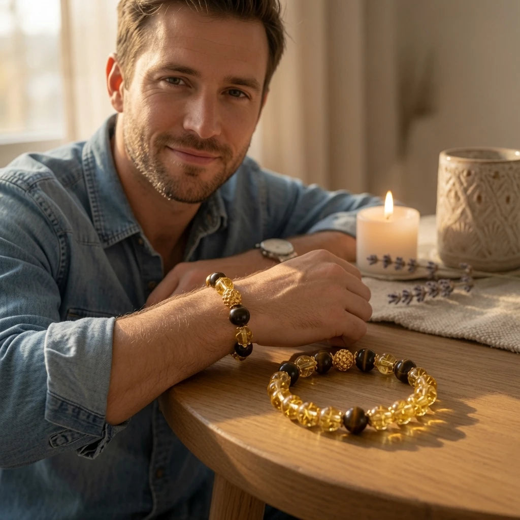 Citrine crystal bracelet with tiger's eye beads styled for everyday wear