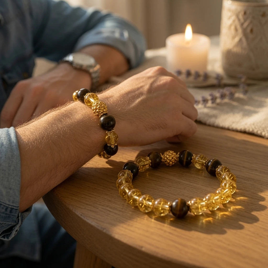 Natural citrine and tiger's eye stretch bracelet with ornate gold accent bead, flat lay