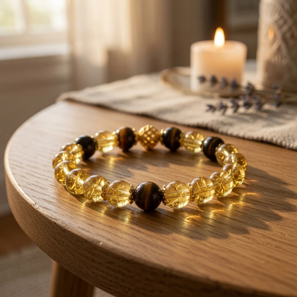 Close-up of golden citrine, tiger's eye beads and gold spacer detail