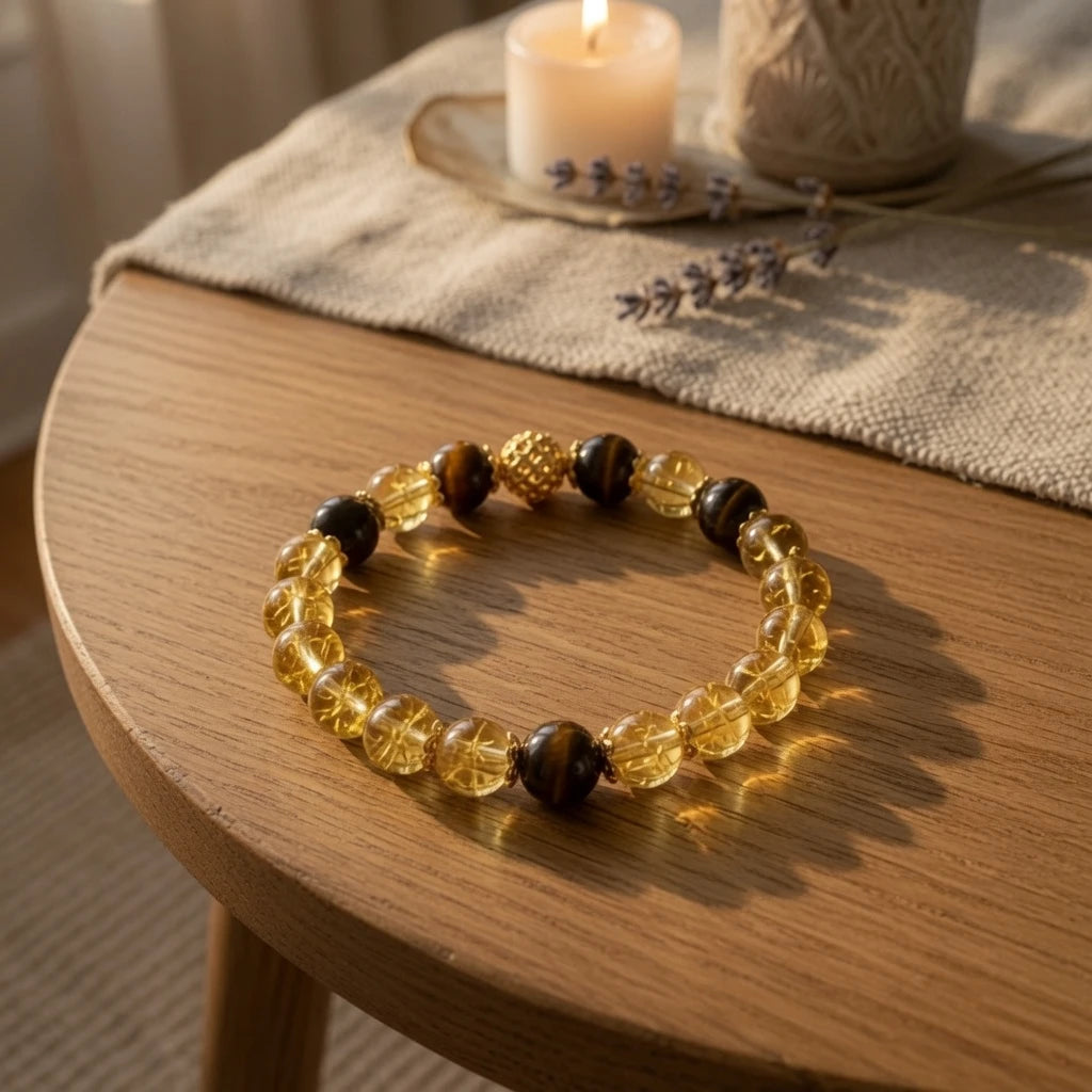 Citrine tiger's eye bracelet showing 8mm bead size and elastic fit