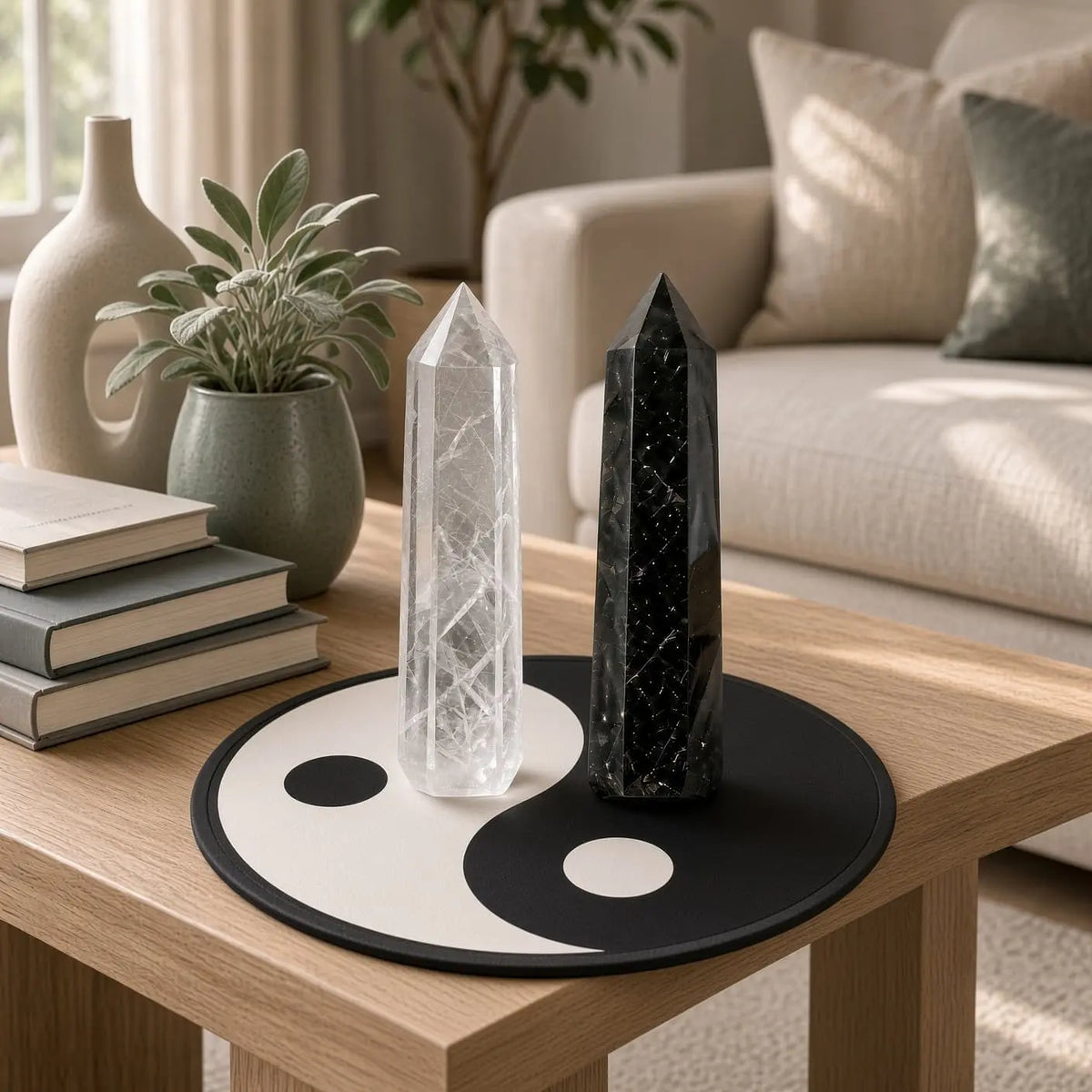 Clear quartz and black obsidian towers on a yin-yang mat on a living-room coffee table