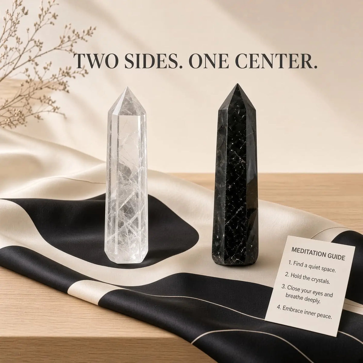The two towers on a black-and-cream cloth with a meditation card, under the line “Two sides. One center.”