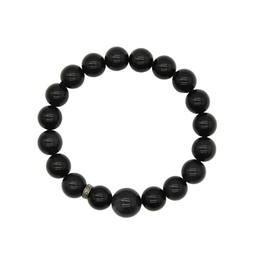 Natural black obsidian polished bead bracelet with deep glossy 10mm round stones and sterling silver key-pattern spacer, protection and grounding crystal jewelry on white background