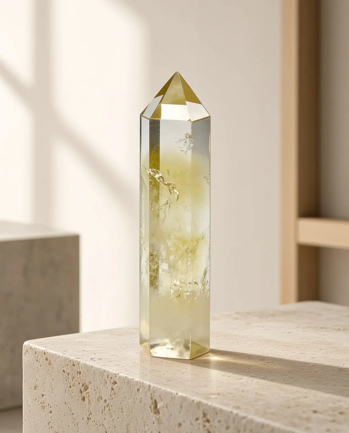 Citrine crystal tower displayed on a stone pedestal