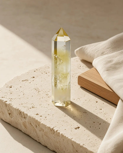 Citrine crystal tower on a stone slab with linen styling