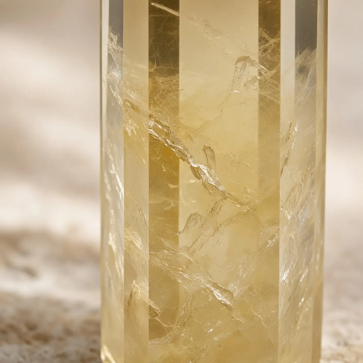Close-up of citrine crystal tower with natural inclusions