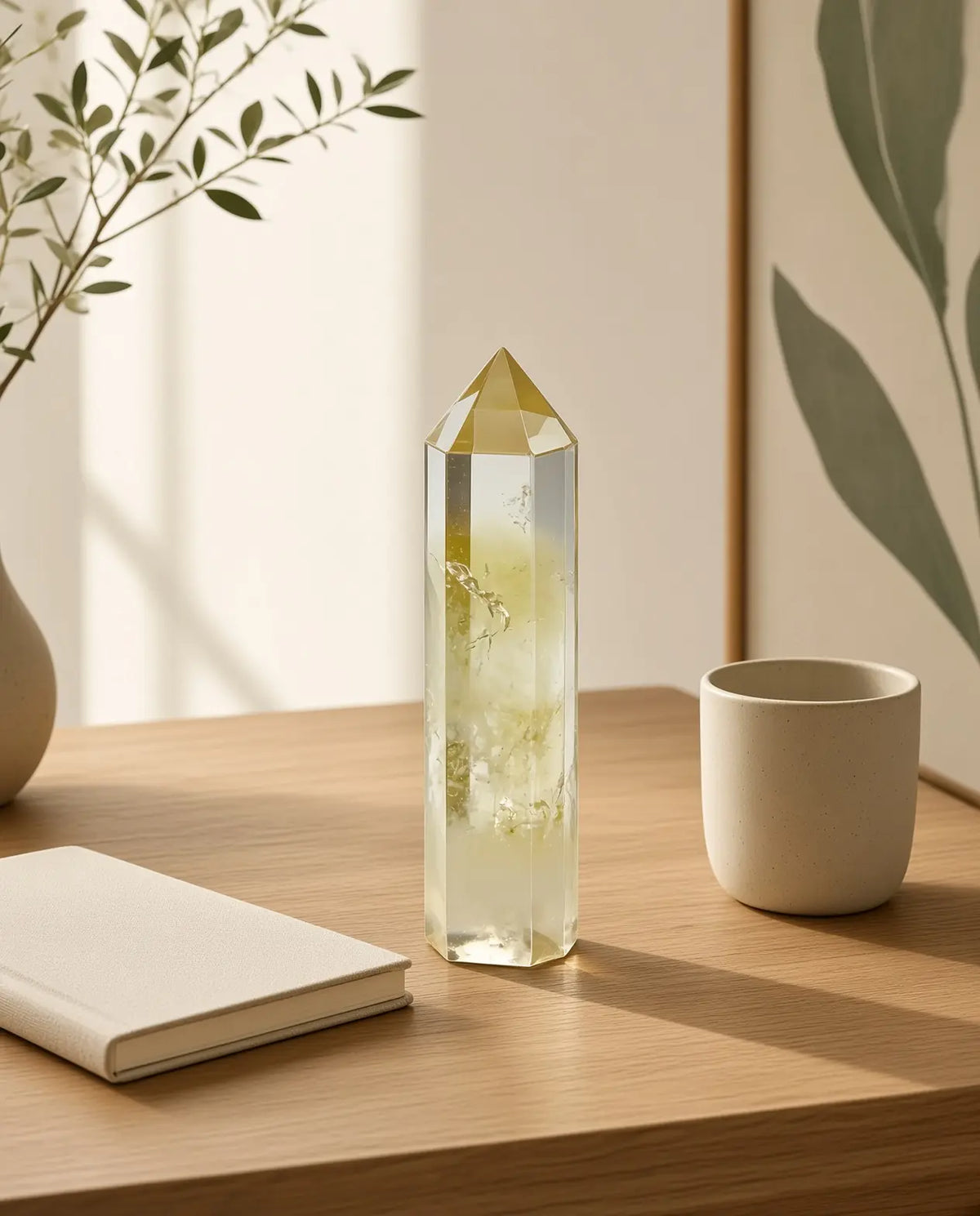Citrine crystal tower on a wooden table with notebook and cup