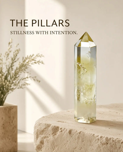 Citrine crystal tower on stone with “The Pillars” brand text