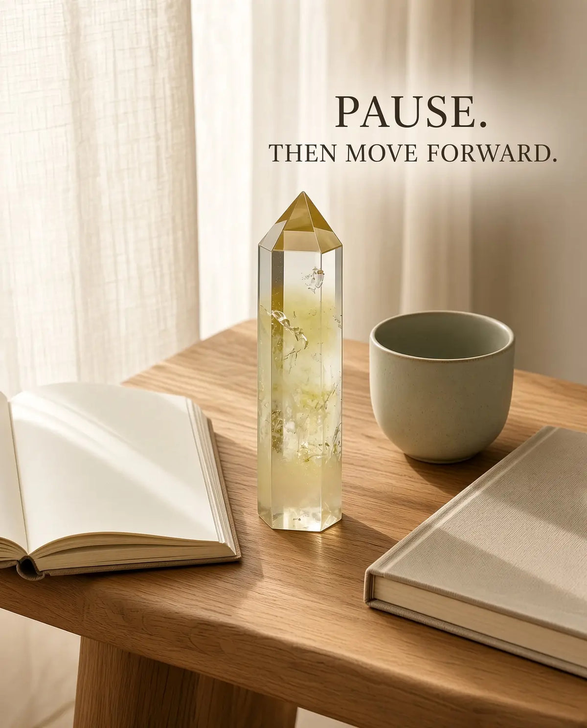 Citrine crystal tower styled with books and a cup on a wooden table