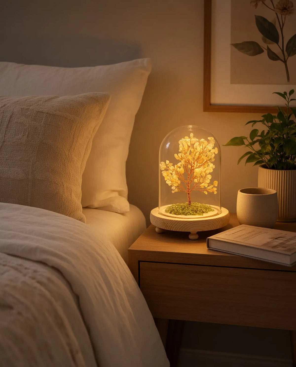 Citrine glow tree glowing on a bedroom nightstand