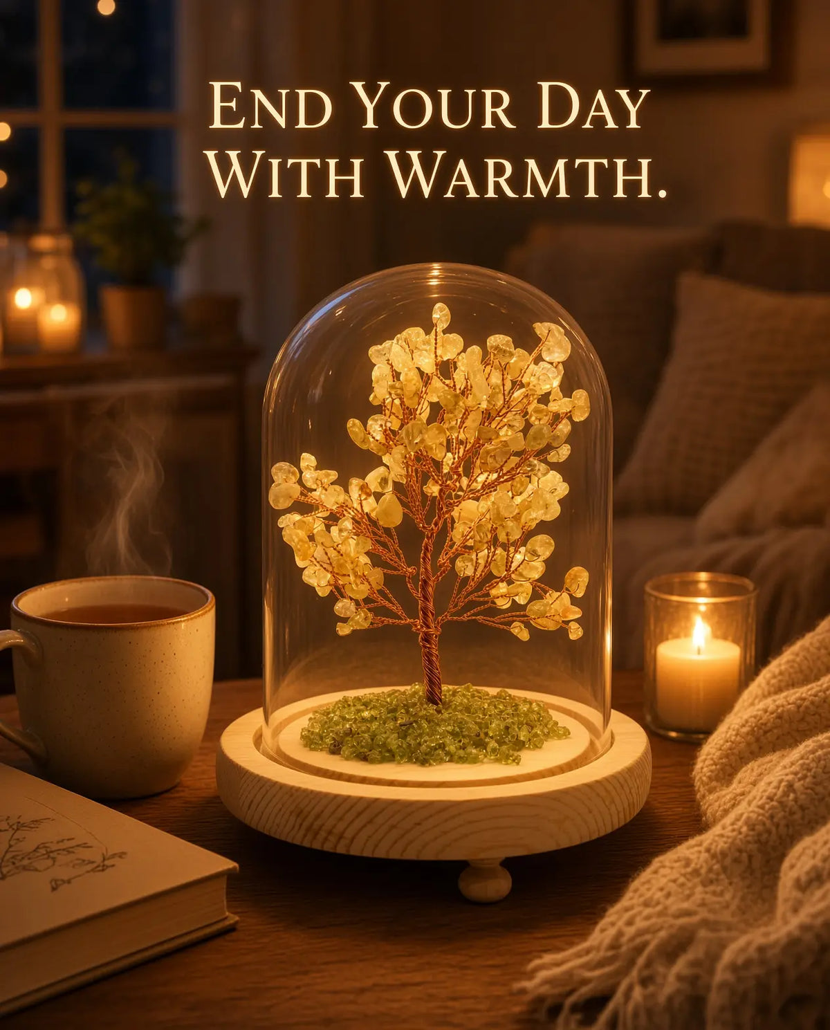 Citrine glow tree styled with tea and candlelight