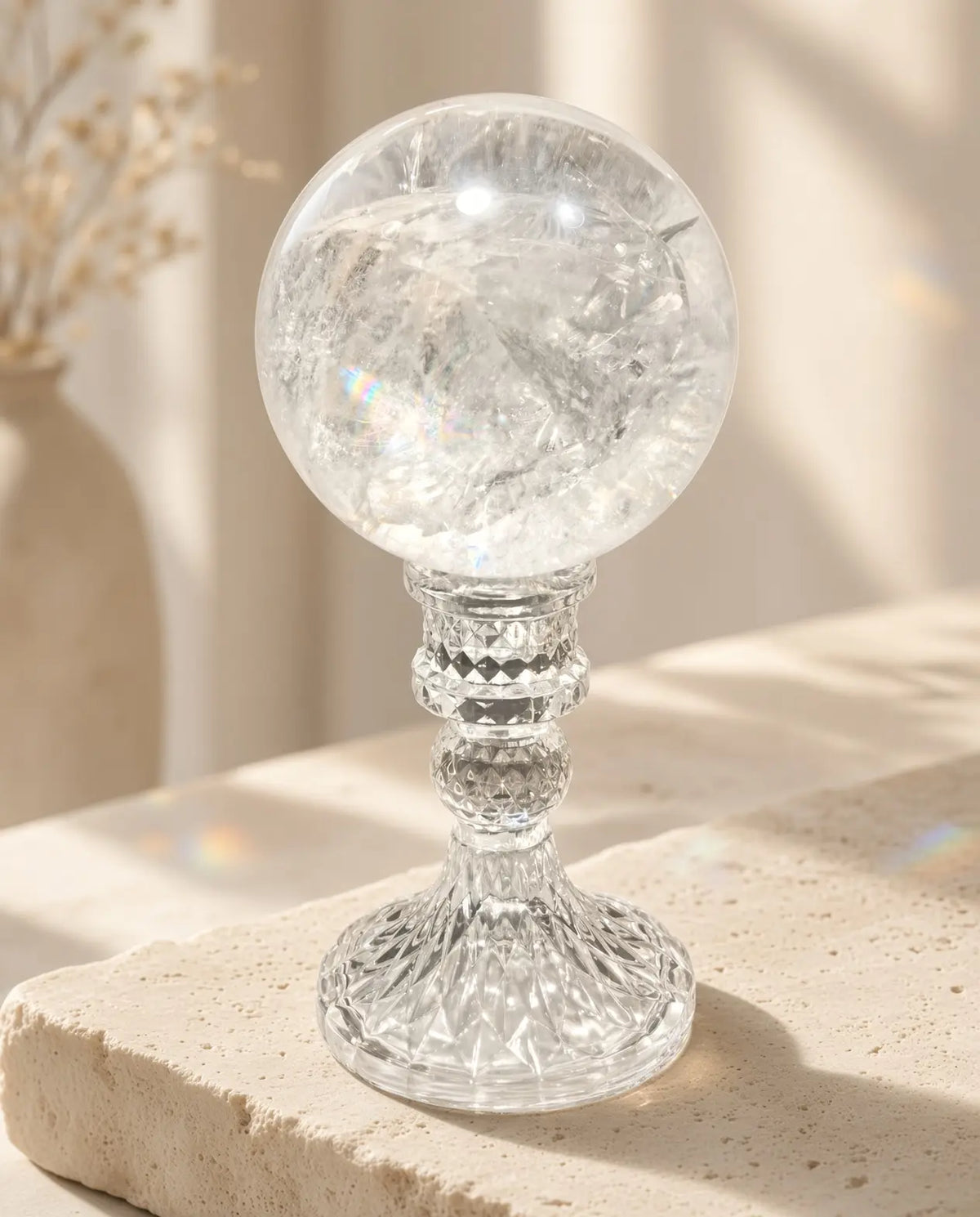 Clear quartz sphere on a glass stand in natural light