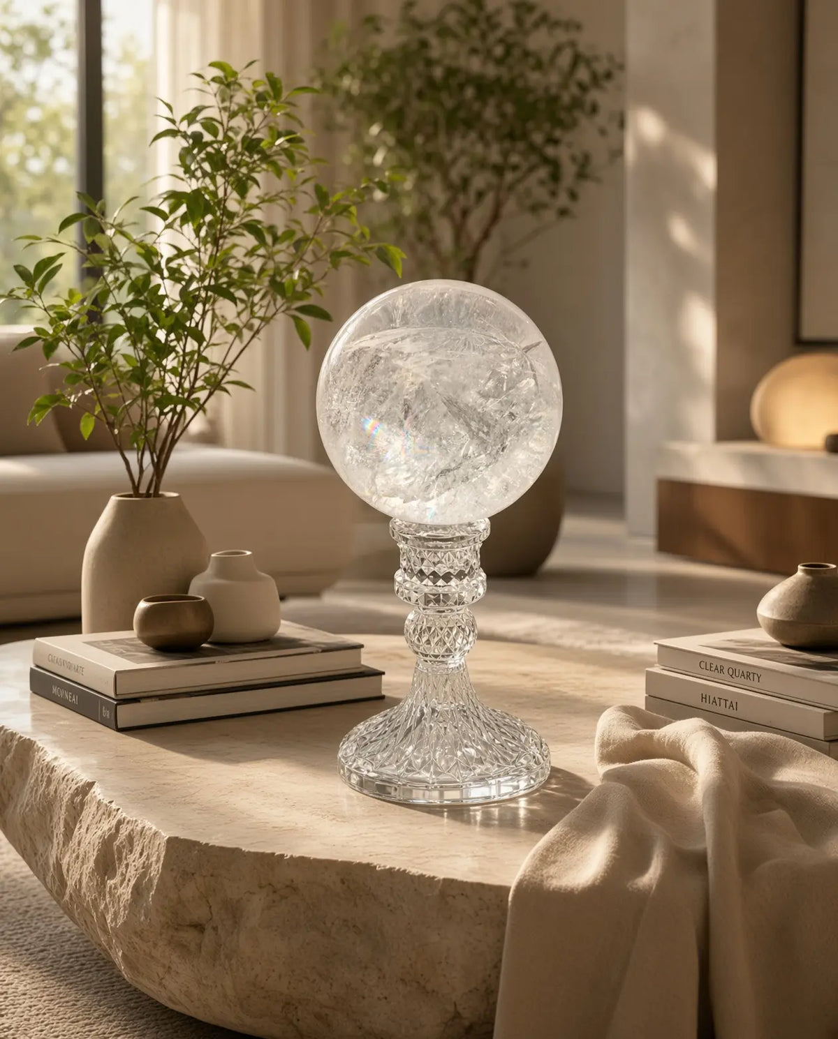 Clear quartz sphere on a living room coffee table