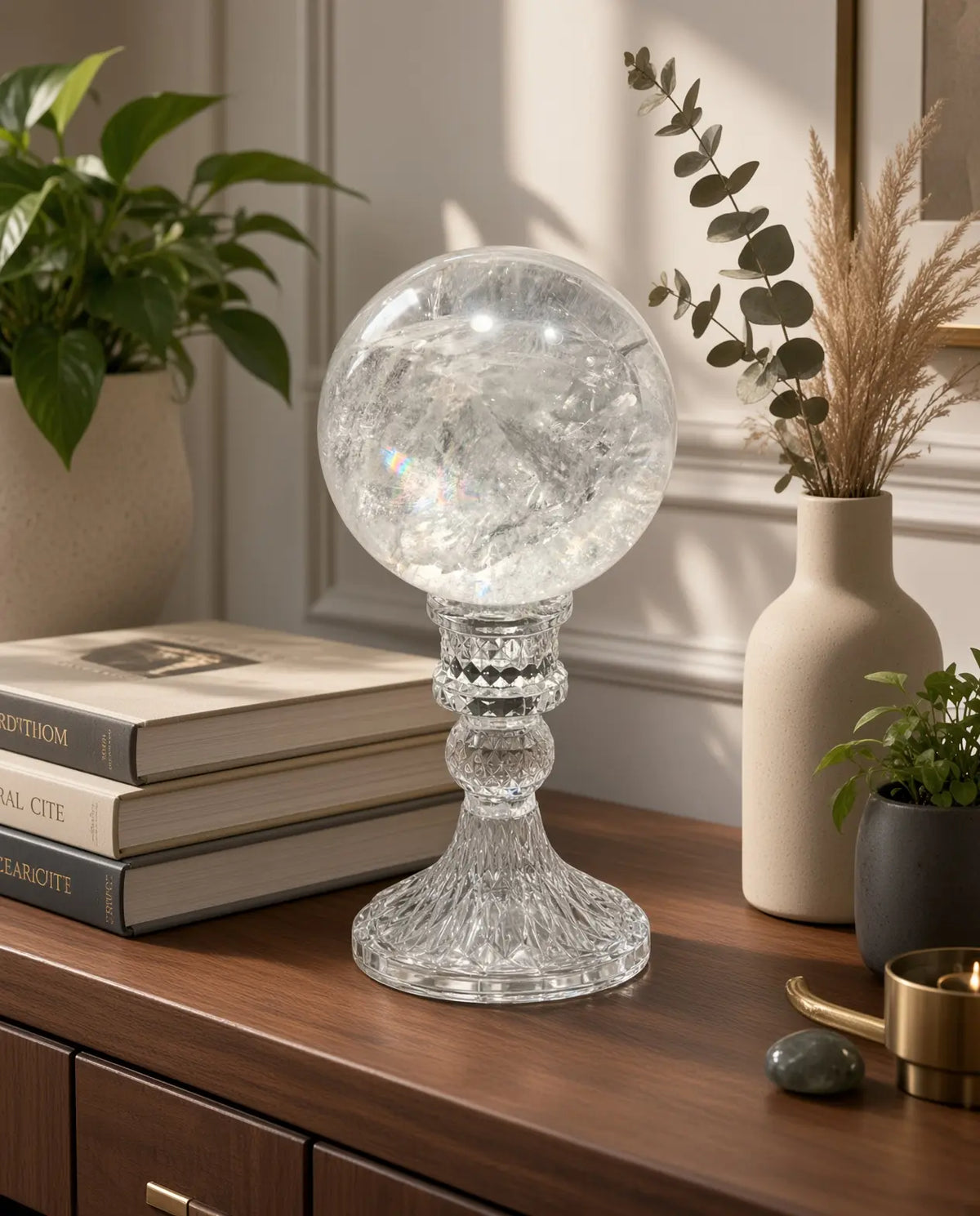 Clear quartz sphere on a console table with books and plants
