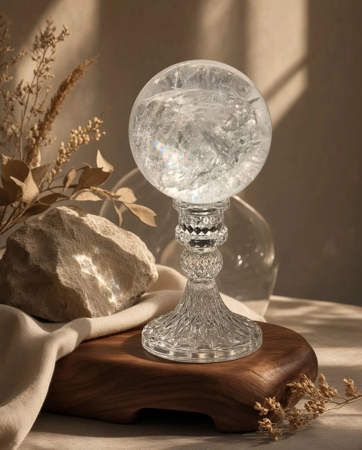 Clear quartz sphere styled with wood, stone and dried flowers