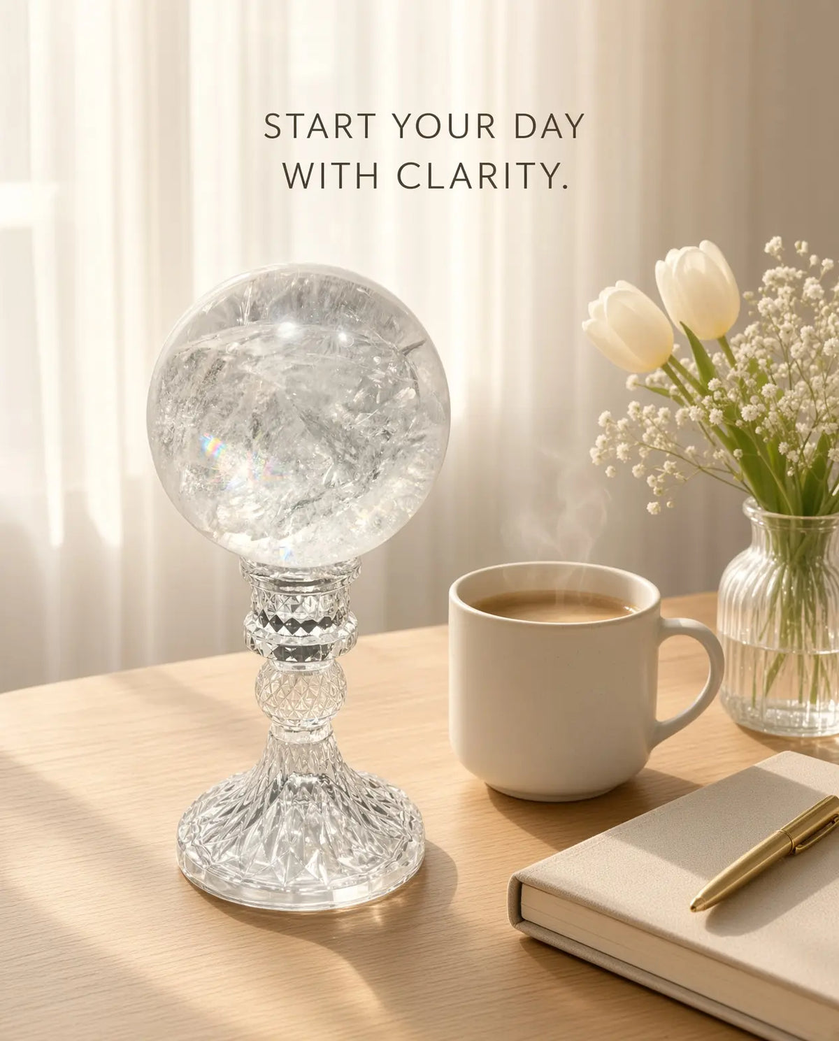 Clear quartz sphere styled with coffee, journal and flowers