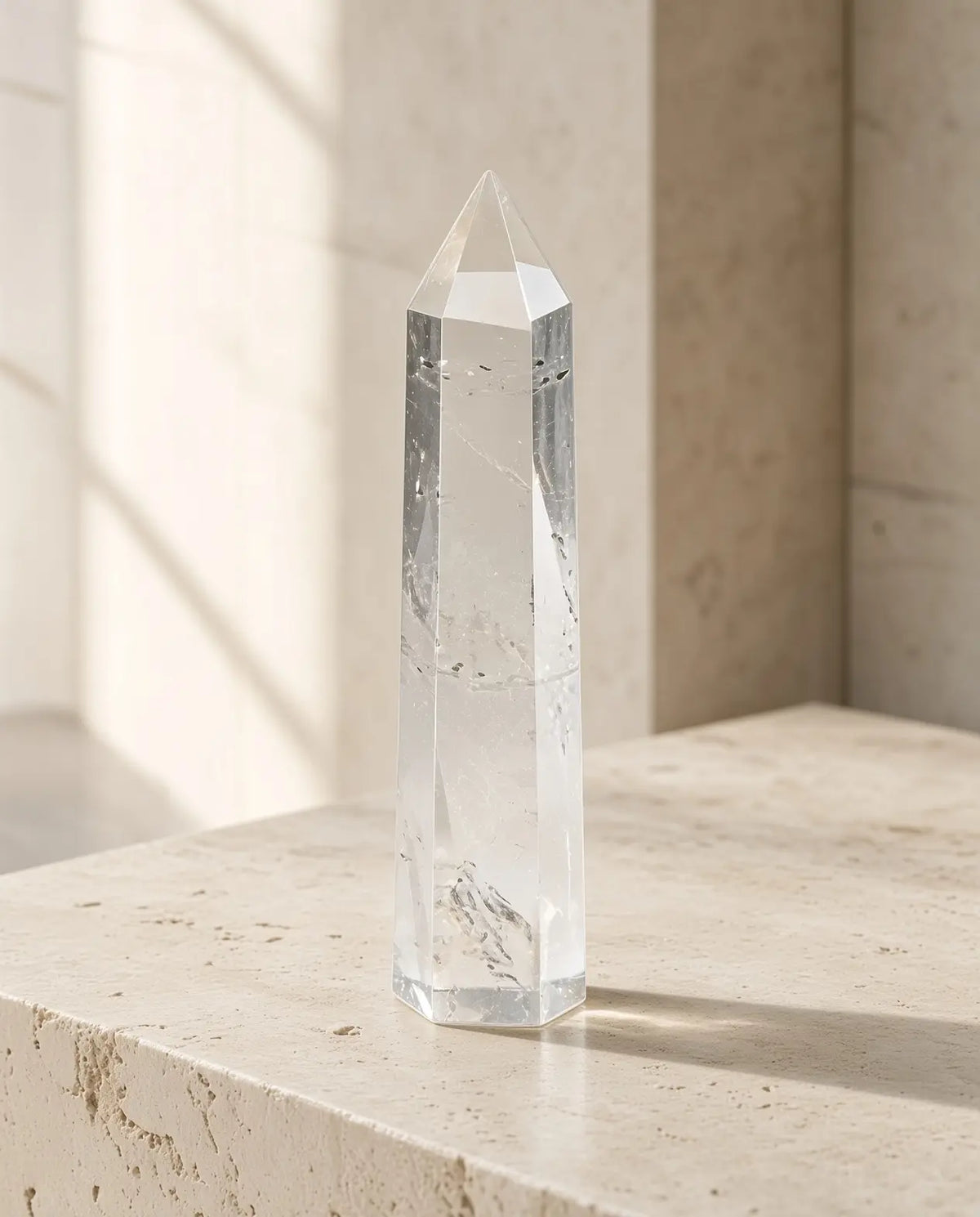 Clear quartz crystal tower displayed on a stone pedestal