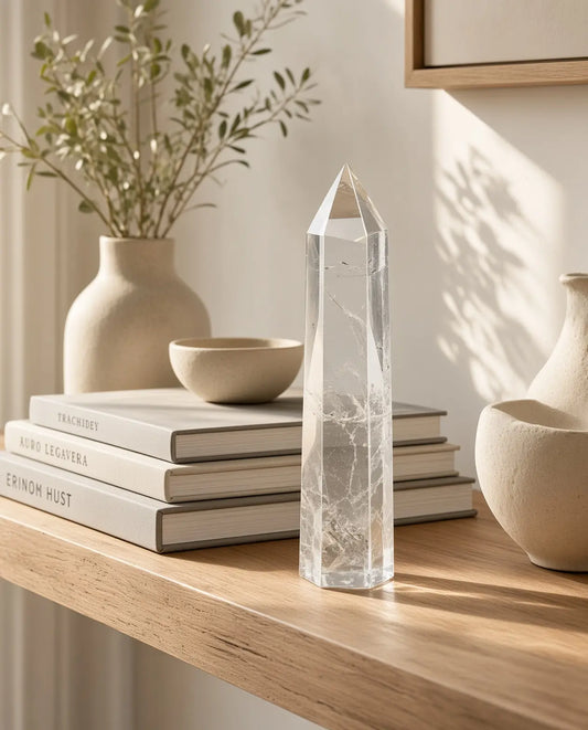Clear quartz crystal tower styled on a wooden shelf with books and ceramics