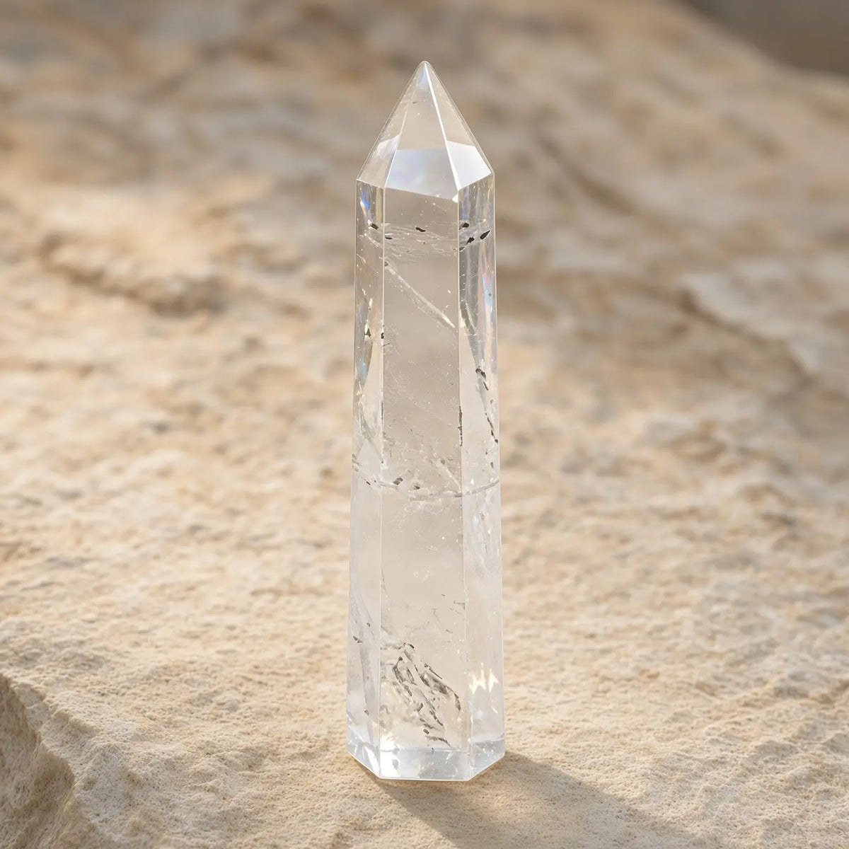 Clear quartz crystal tower on stone in natural light