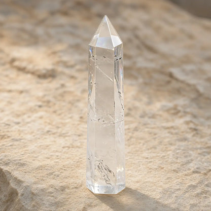 Clear quartz crystal tower on stone in natural light