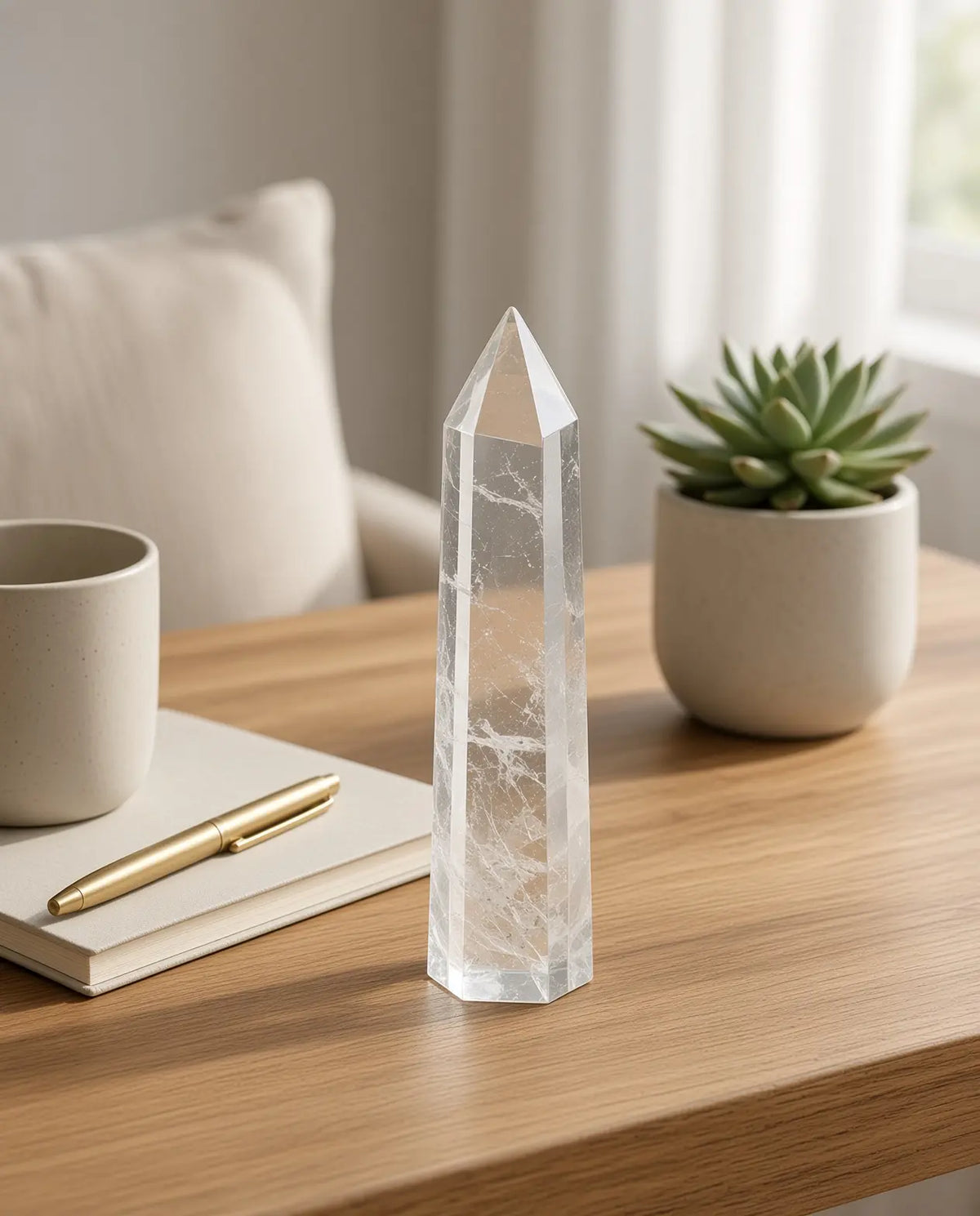Clear quartz crystal tower on a desk with notebook, mug and plant