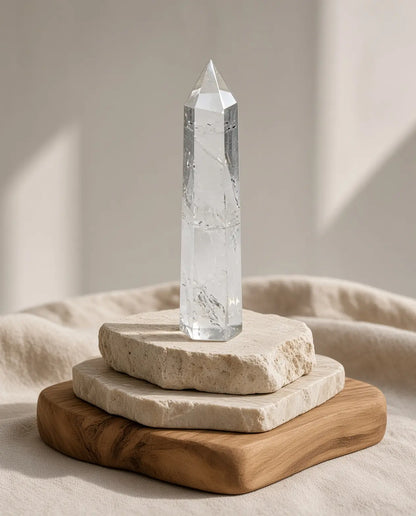 Clear quartz crystal tower displayed on stacked stone and wood stands