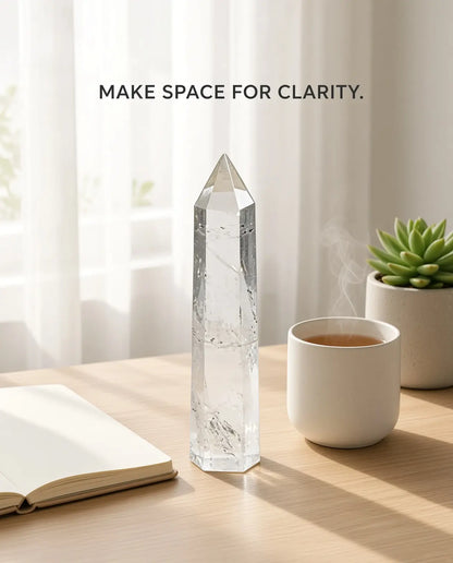 Clear quartz crystal tower styled with tea, journal and a plant