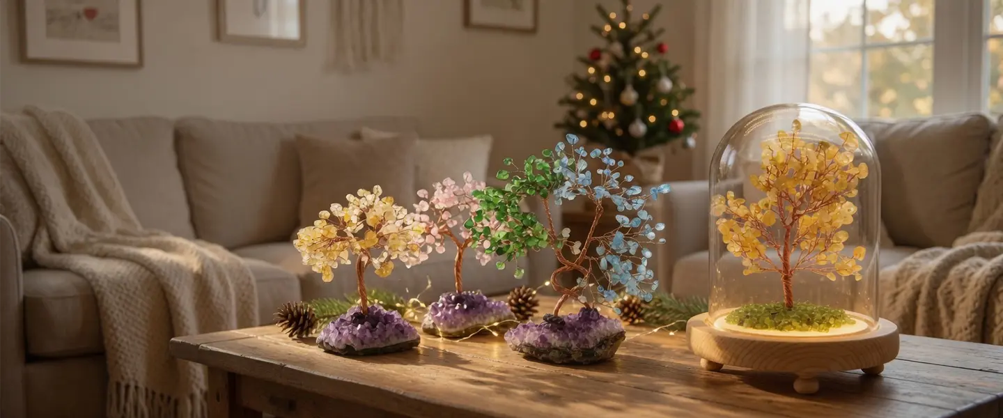 Six wire-wrapped healing crystal money trees on amethyst cluster bases — citrine, rose quartz, green aventurine, aquamarine, pink quartz, and purple amethyst