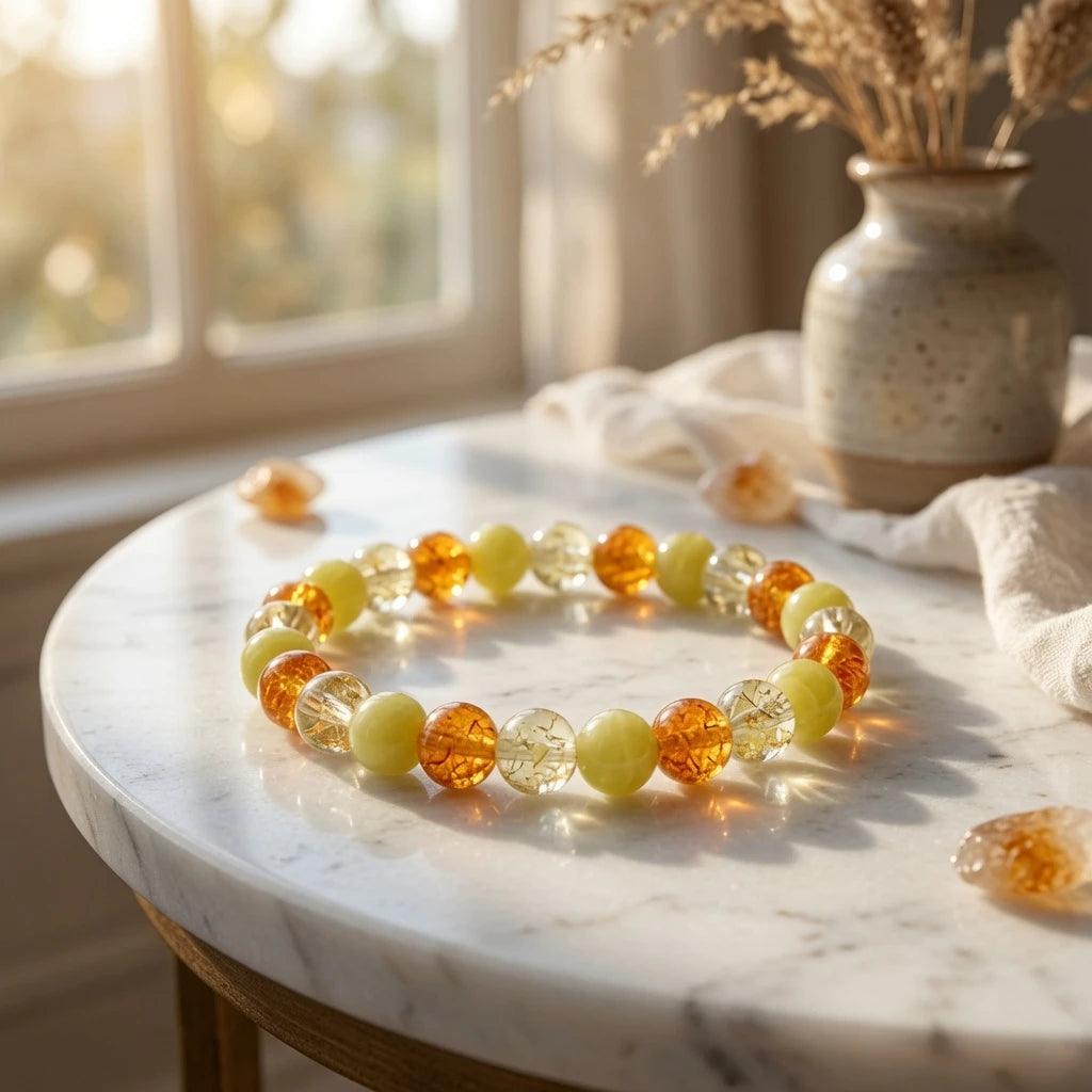 Close-up of golden citrine, yellow jade and amber beads