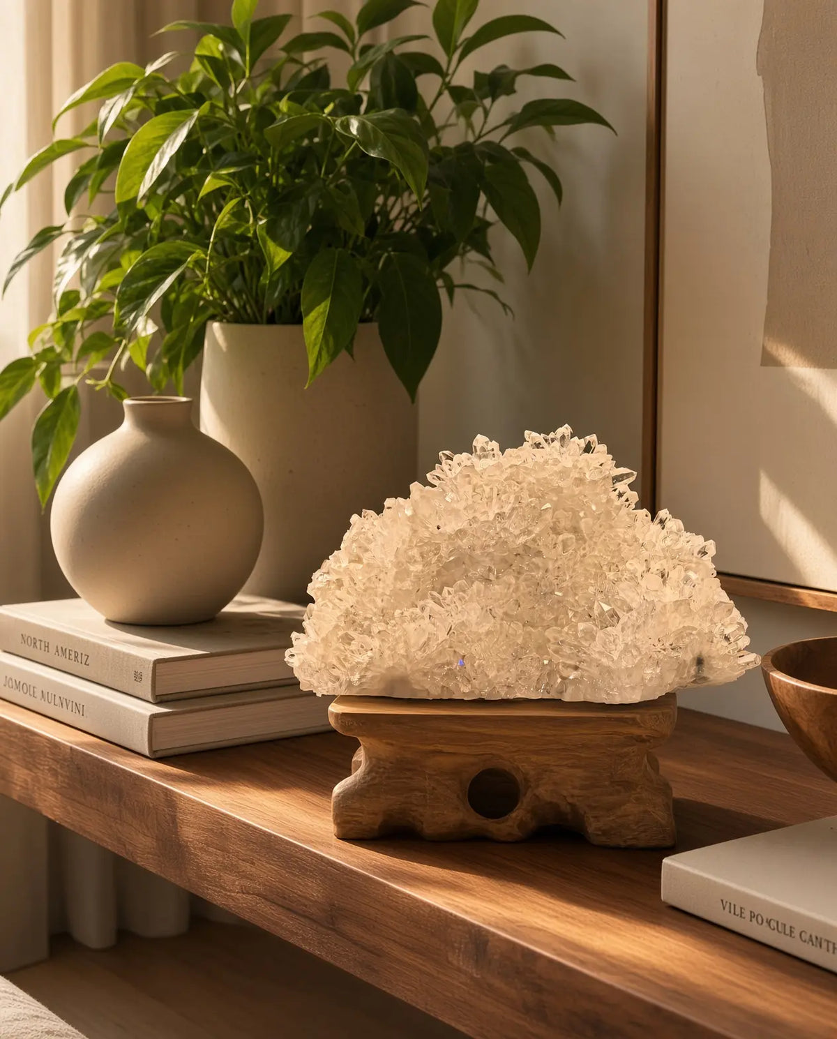 Clear quartz cluster sculpture on a console table with books and plants