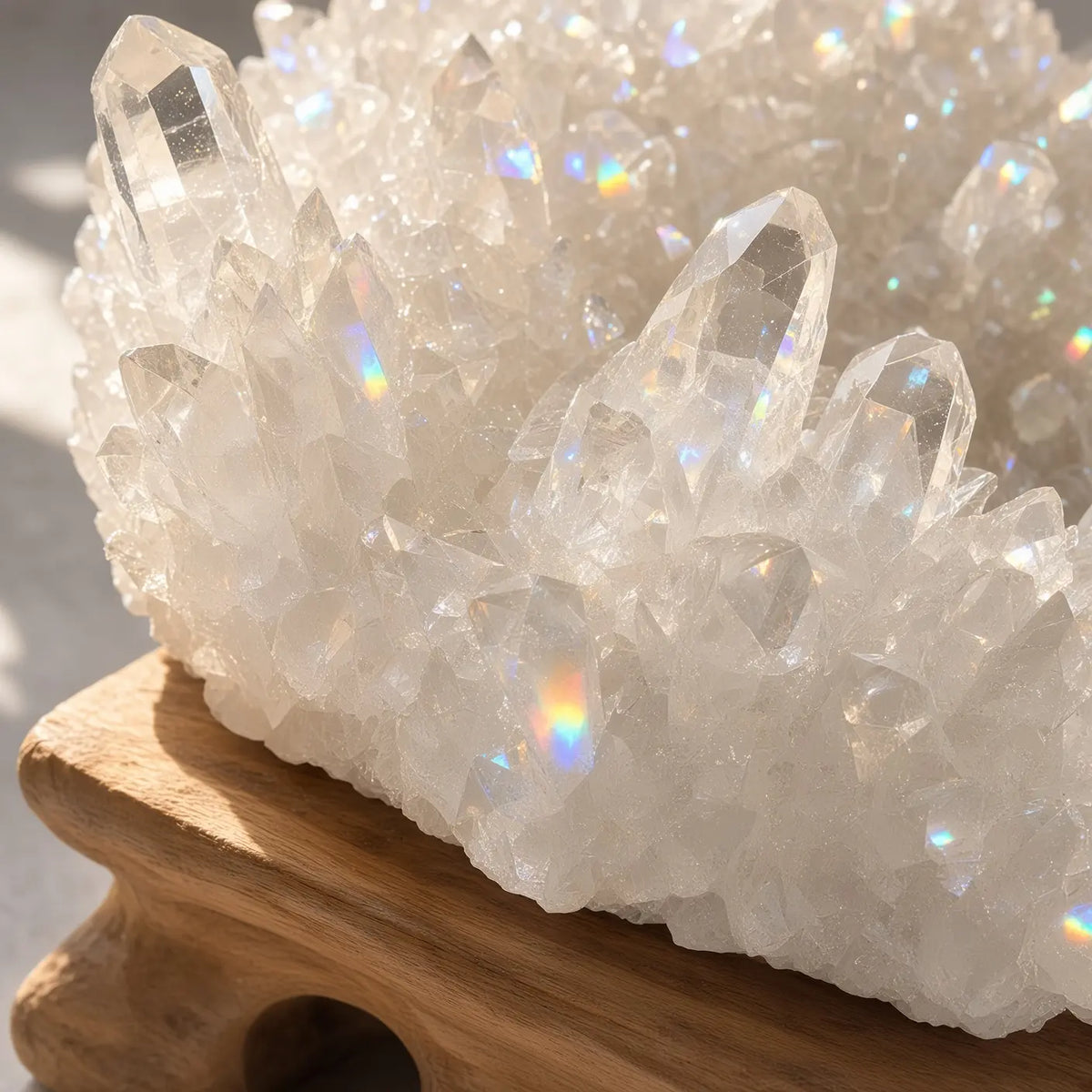 Close-up of clear quartz cluster sculpture with rainbow reflections