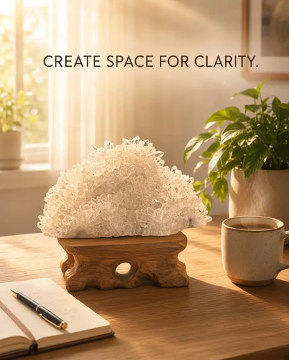 Clear quartz cluster sculpture styled on a workspace desk