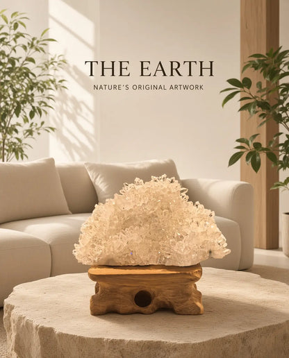 Clear quartz cluster sculpture on a wood stand with “The Earth” brand text