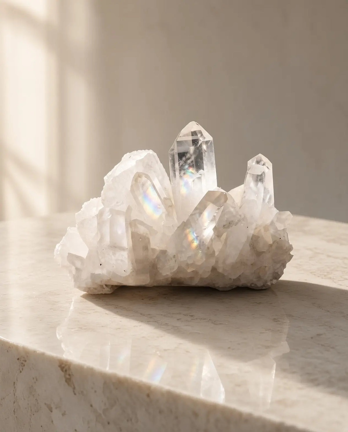 Clear quartz cluster displayed on a stone surface