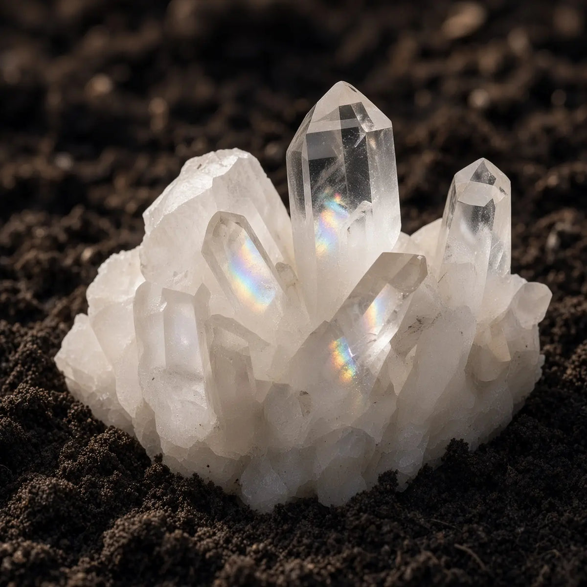 Clear quartz cluster displayed on soil