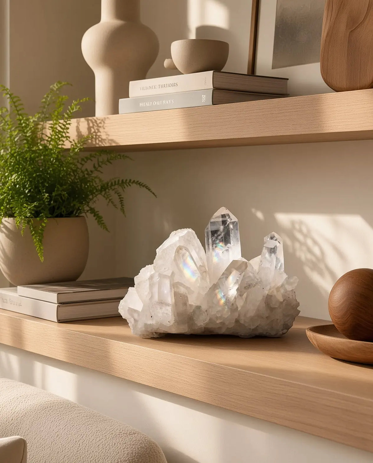 Clear quartz cluster on a wooden shelf with books and plants