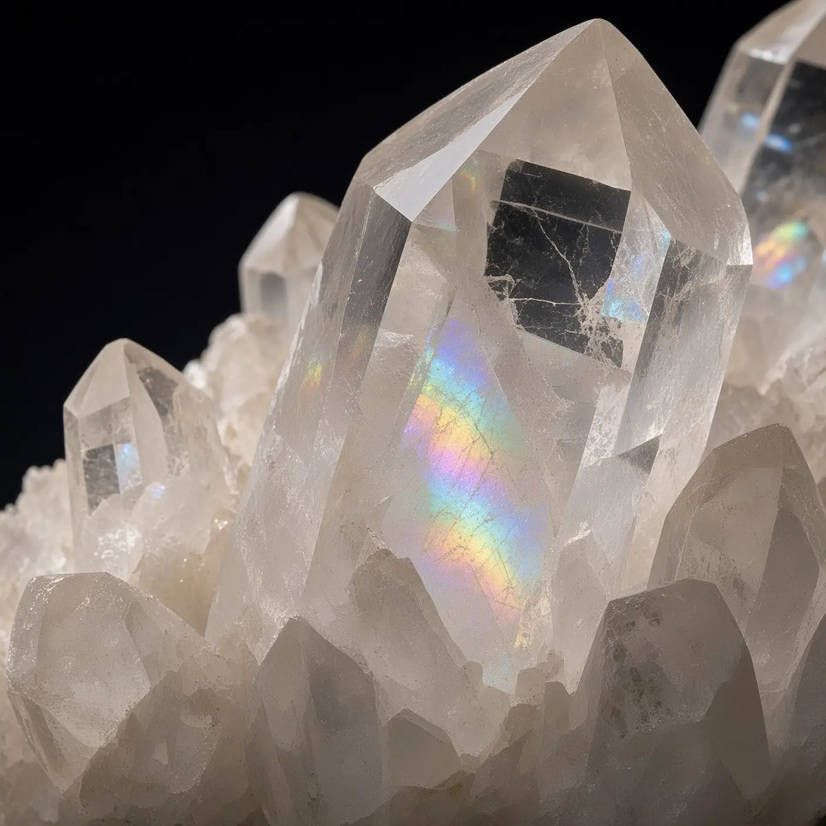 Close-up of clear quartz cluster with rainbow reflections