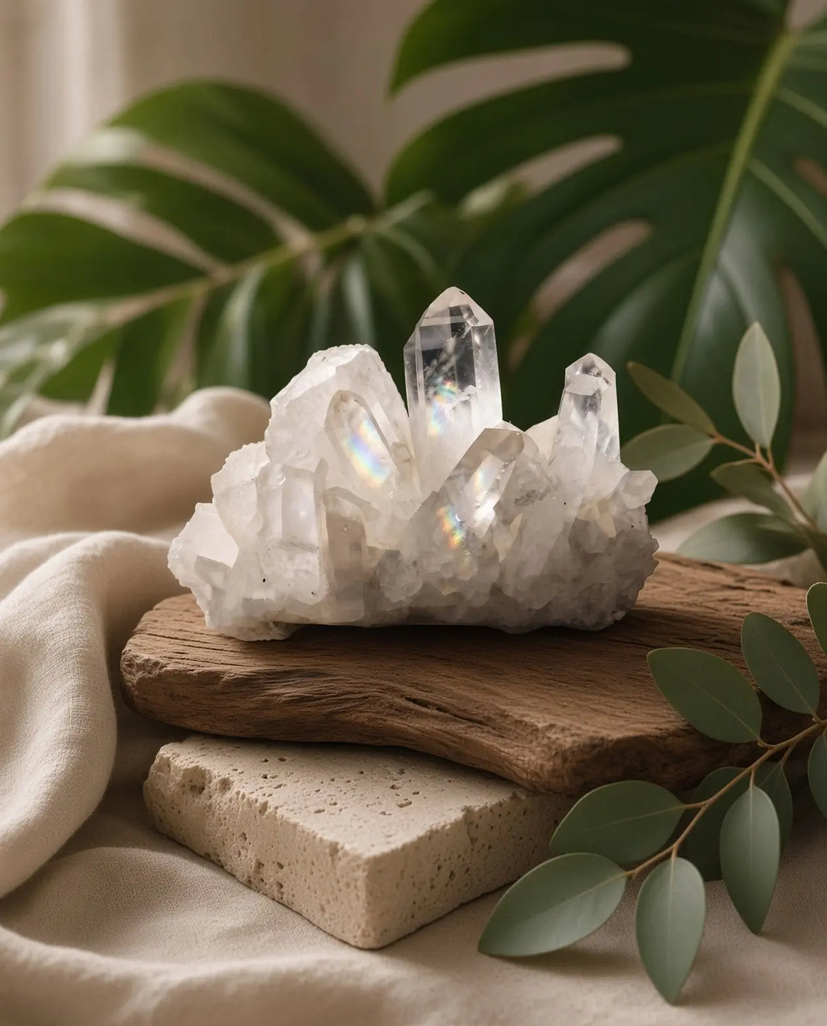 Clear quartz cluster styled with wood, stone and greenery