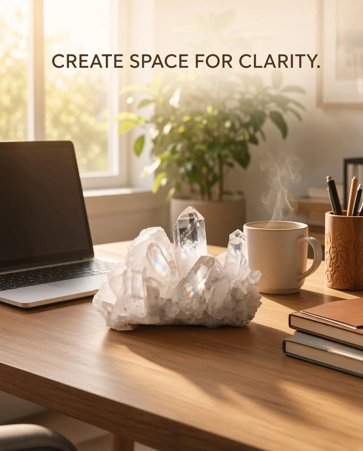 Clear quartz cluster styled on a workspace desk