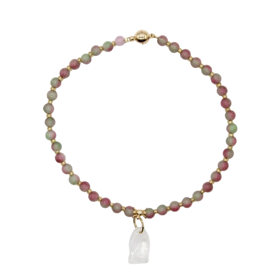 Natural watermelon tourmaline beaded cat collar necklace with carved clear quartz sitting cat pendant and 18K gold magnetic clasp, master healer healing crystal pet jewelry on white background