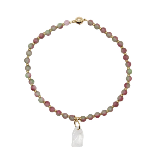 Natural watermelon tourmaline beaded cat collar necklace with carved clear quartz sitting cat pendant and 18K gold magnetic clasp, master healer healing crystal pet jewelry on white background