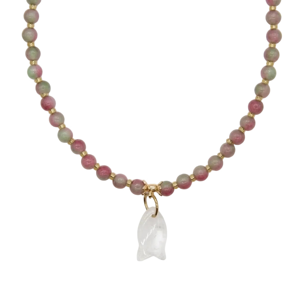 Close-up of carved clear quartz cat pendant and watermelon tourmaline pink-green crystal beads with gold spacers on cat collar necklace, natural healing gemstone pet jewelry detail